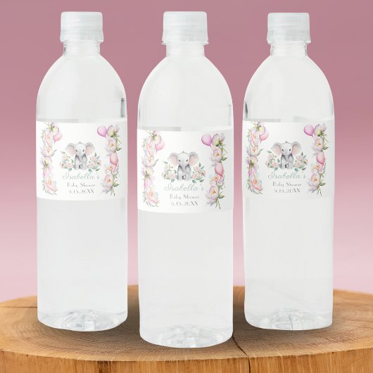 Baby Olifant met pioenen & ballonnen Dank u Waterfles Etiket