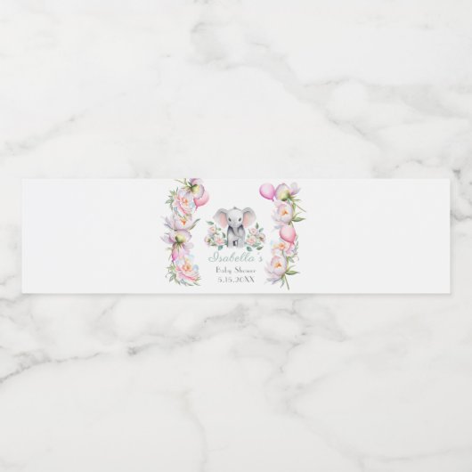 Baby Olifant met pioenen & ballonnen Dank u Waterfles Etiket (Enkel label)