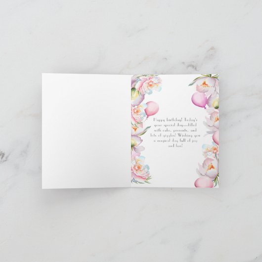 Baby Olifant met pioenen & ballonnen Verjaardag Kaart (Binnen)