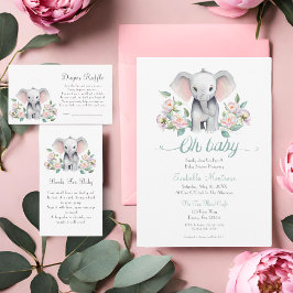 Baby Olifant met pioenen, Eucalyptus Baby shower Kaart