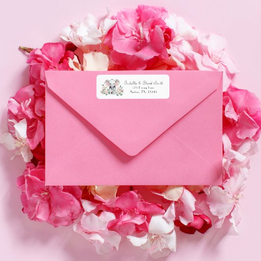 Baby Olifant met pioenen, eucalyptus terug Etiket