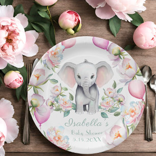 Baby Olifant Met Pioenrozen & Ballonnen Baby Showe Papieren Bordje