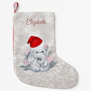 Baby olifant met Santa Hat, Flowers, Bokeh Kleine Kerstsok