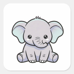 Baby Olifant – Mooie Kawaii Illustratie Vierkante Sticker