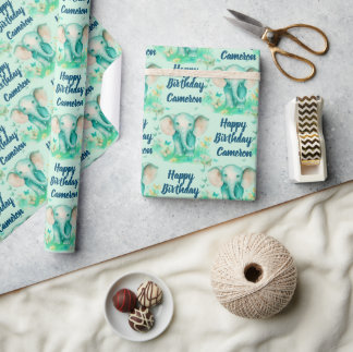 Baby Olifant Neutral Gepersonaliseerde Verjaardag Cadeaupapier