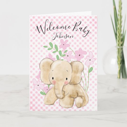 Baby olifant op roze gingham kaart (Voorkant)