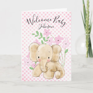 Baby olifant op roze gingham kaart