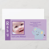 Baby Olifant Paars 4x8 FOTO Geboorteaankondiging Aankondiging (Voorkant / Achterkant)