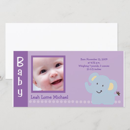 Baby Olifant Paars 4x8 FOTO Geboorteaankondiging Aankondiging (Voorkant / Achterkant)