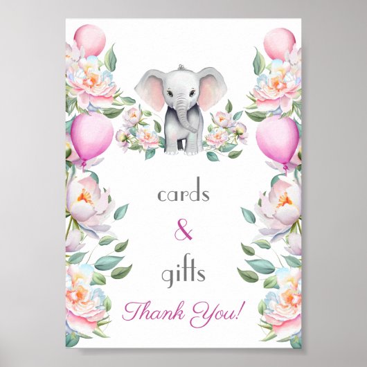 Baby Olifant Pioenen, Ballonnen Kaarten & Geschenk Poster (Voorkant)