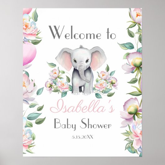 Baby Olifant Pioenrozen, Eucalyptus Welkomstbord Poster (Voorkant)