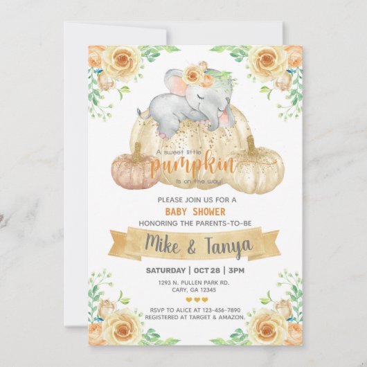 Baby olifant & pompoen herfst baby shower nodigen kaart (Voorkant)