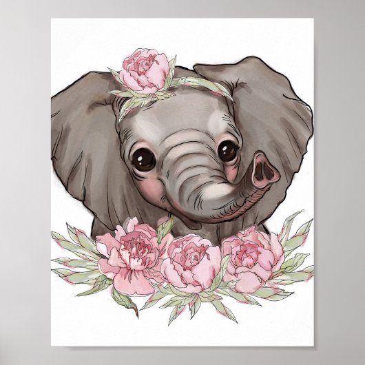 Baby Olifant Roos Dierenposter | Muurprint Poster (Voorkant)