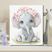 Baby Olifant roze bloemen op hoofd kwekerij Canvas Afdruk
