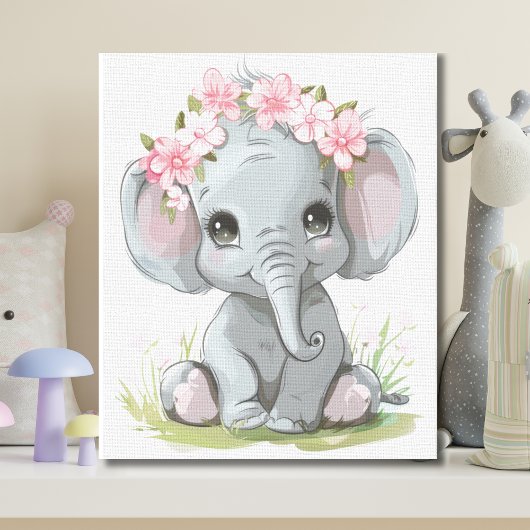 Baby Olifant roze bloemen op hoofd kwekerij Canvas Afdruk