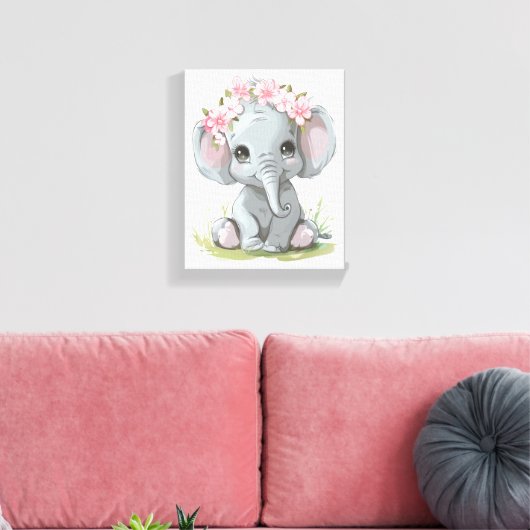 Baby Olifant roze bloemen op hoofd kwekerij Canvas Afdruk (Insitu (Woonkamer))