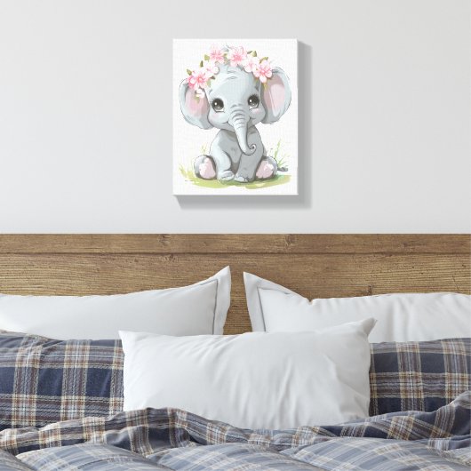 Baby Olifant roze bloemen op hoofd kwekerij Canvas Afdruk (Insitu (Slaapkamer))