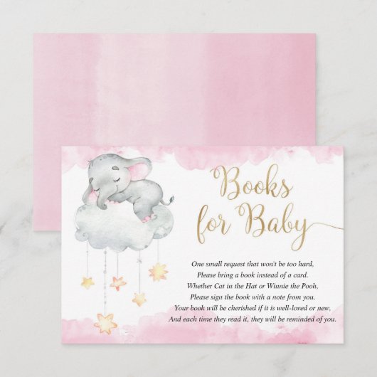 Baby olifant roze gouden sterren boeken voor baby informatiekaartje (Voorkant / Achterkant)