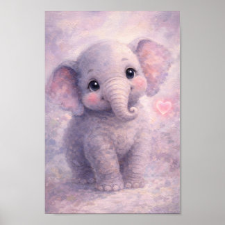 Baby Olifant Roze Hart Pastel Olie Schilderkunst Poster