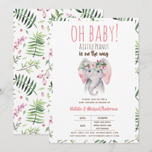 Baby Olifant Shower Uitnodiging, Boho Bloemen Kaart (Voorkant / Achterkant)