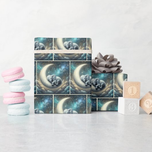 Baby Olifant slapen op halve maan Cadeaupapier (Baby Shower)