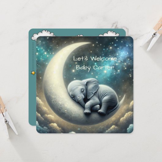 Baby Olifant slapen op halve maan Kaart (Voorkant / Achterkant in situ)