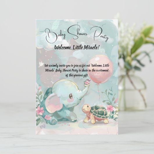 Baby Olifant & Turtle Baby shower Uitnodiging (Staand voorkant)