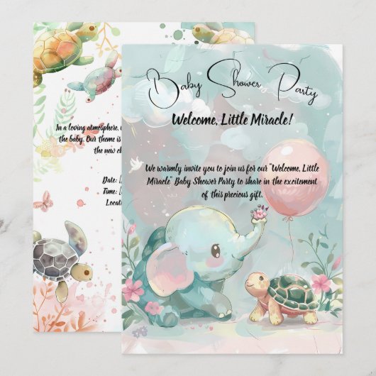 Baby Olifant & Turtle Baby shower Uitnodiging (Voorkant / Achterkant)