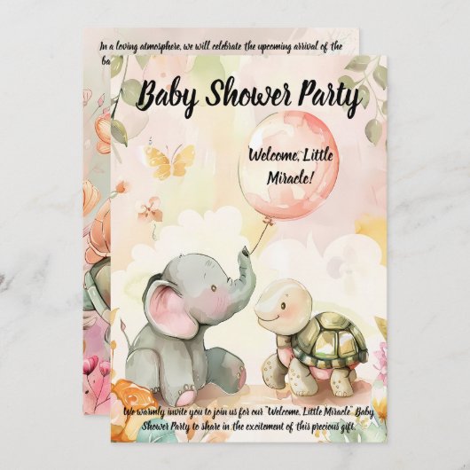 Baby Olifant & Turtle Baby shower Uitnodiging (Voorkant / Achterkant)