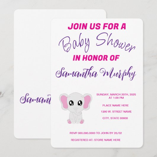 Baby-olifant | uitnodiging tot baby shower (Voorkant / Achterkant)