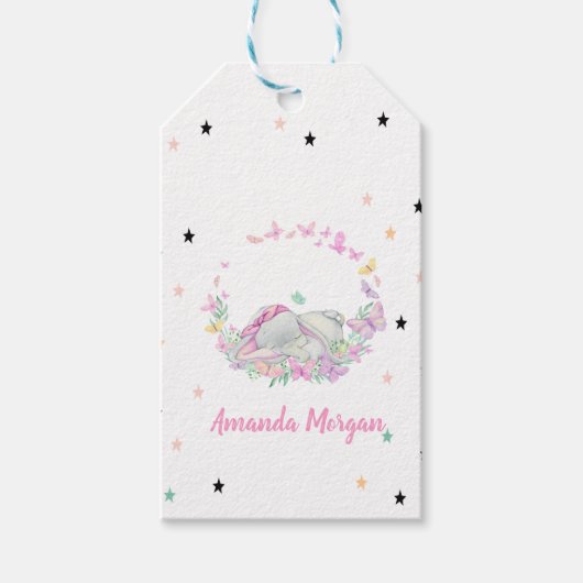 Baby Olifant, Vlinders, Sterren Cadeaulabel (Voorkant)