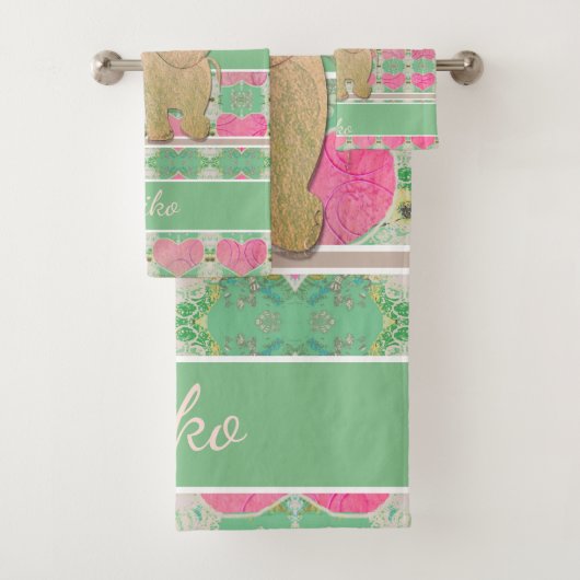 Baby Olifant w/Hearts Roze en Groen Bad Handdoek (Insitu)