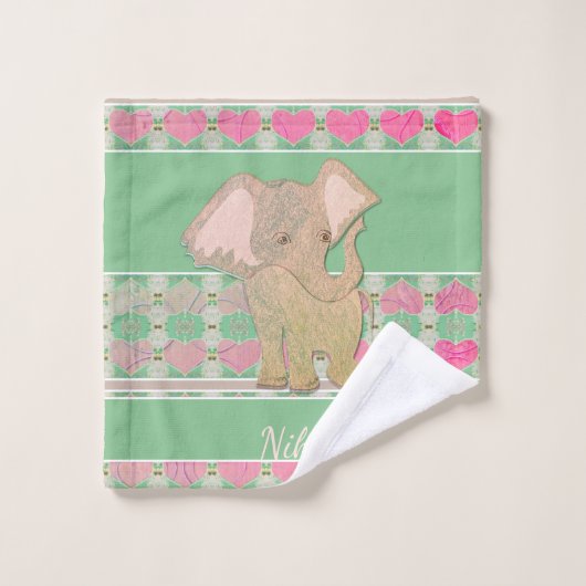 Baby Olifant w/Hearts Roze en Groen Bad Handdoek (Wasdoekje)
