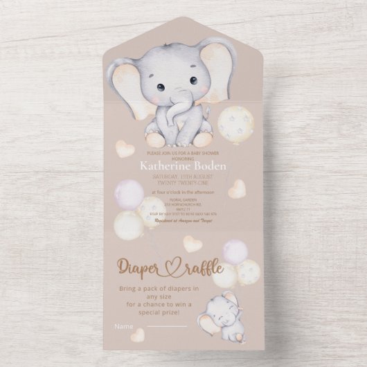 Baby olifant waterverf baby shower all in one uitnodiging (Binnen)