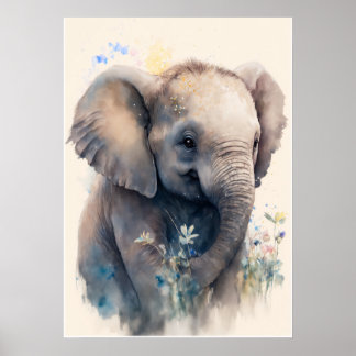 Baby Olifant Waterverf Kwekerij Wall Art Poster