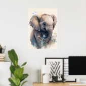Baby Olifant Waterverf Kwekerij Wall Art Poster (Thuiskantoor)