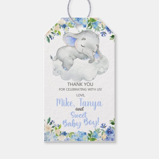 Baby olifant & wolk baby shower dank u labels. cadeaulabel (Voorkant)