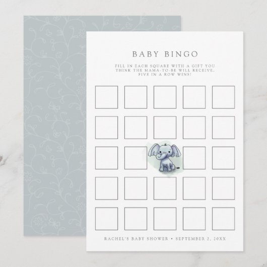baby olifant zit baby shower bingo card kaart (Voorkant / Achterkant)