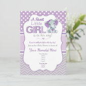 Baby Olifantdouche uitnodiging in Paarse en Grijs (Staand voorkant)