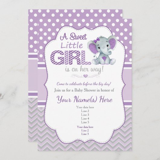 Baby Olifantdouche uitnodiging in Paarse en Grijs (Voorkant / Achterkant)