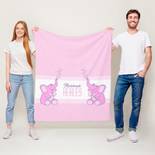 Baby olifanten blazen roze streep aangepaste naam fleece deken (In situ)
