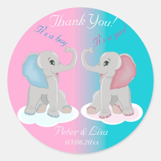 Baby olifanten Dank u gender onthullen Baby shower Ronde Sticker (Voorkant)