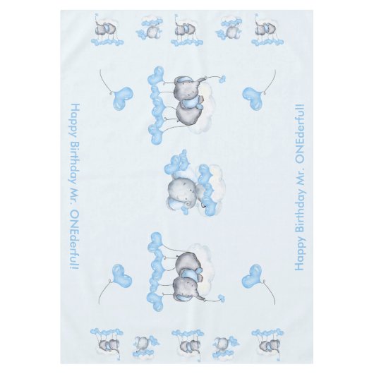 Baby Olifanten en Blue Love Heart Balloons Custom Tafelkleed (Voorkant)