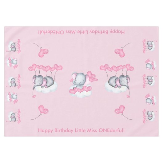 Baby Olifanten en Roze Liefde Hart Ballons Custom Tafelkleed (Voorkant (Horizontaal))