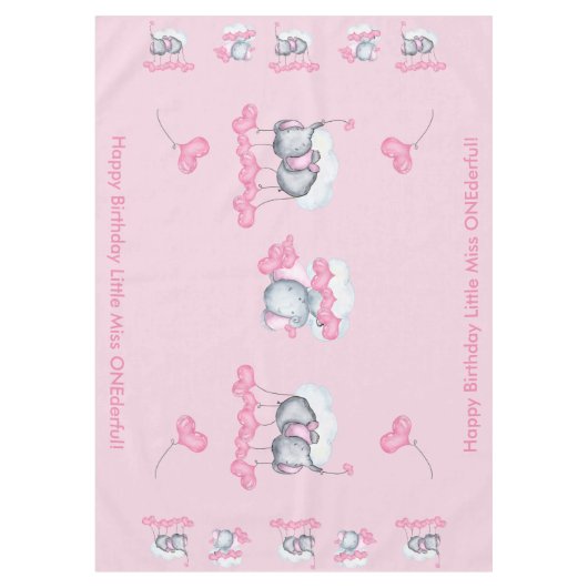 Baby Olifanten en Roze Liefde Hart Ballons Custom Tafelkleed (Voorkant)