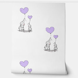 Baby Olifanten & Paarse Hartballonnen Ontwerp Behang