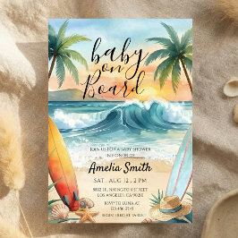 baby on board beach coast surfboard baby shower kaart