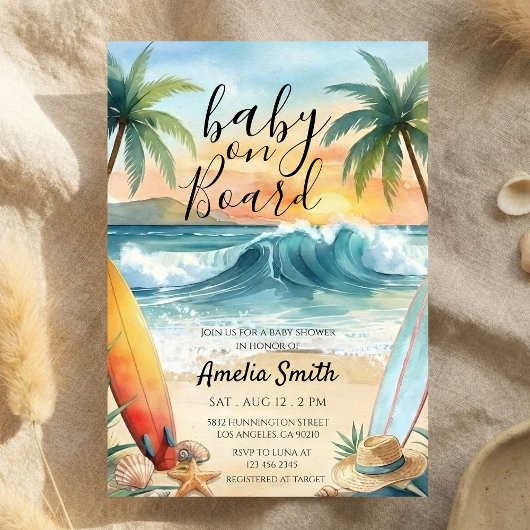 baby on board beach coast surfboard baby shower kaart