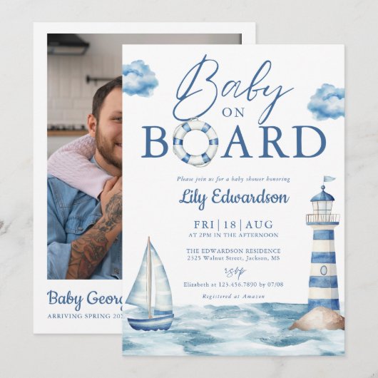 Baby On Board Nautical Shower Photo QR Code Kaart (Voorkant / Achterkant)