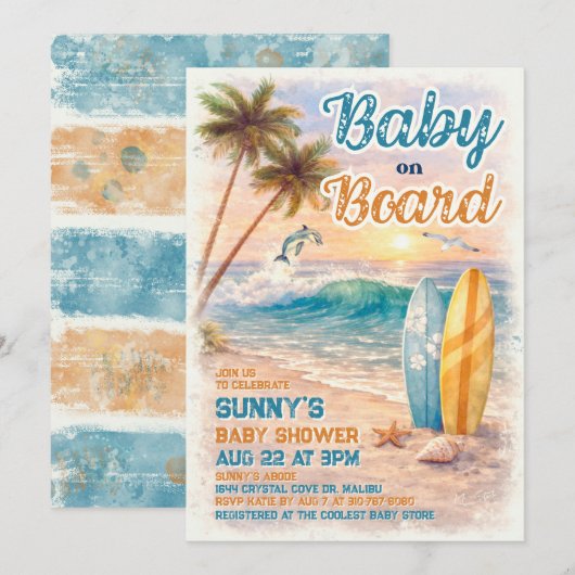 Baby on Board Retro Surf Beach Baby Shower Kaart (Voorkant / Achterkant)